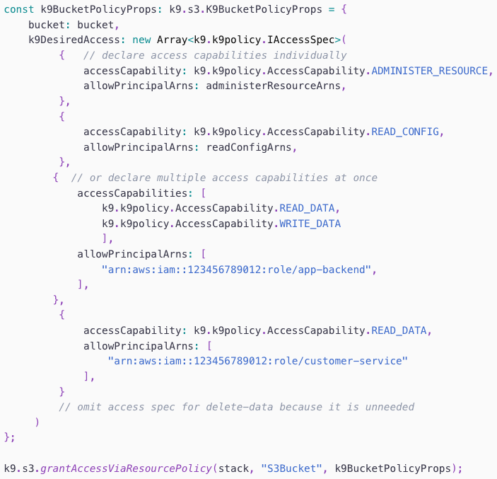 Code sample showing usage of the library to secure an S3 bucket.
See README for full sample:
https://github.com/k9securityio/k9-cdk/tree/v2-main