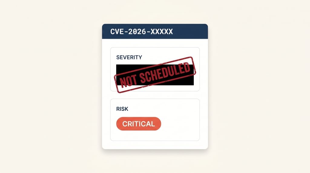A vulnerability scanner finding card. The SEVERITY field is redacted under a diagonal red 'NOT SCHEDULED' rubber stamp. The RISK field below is filled with a burnt-orange 'CRITICAL' badge.