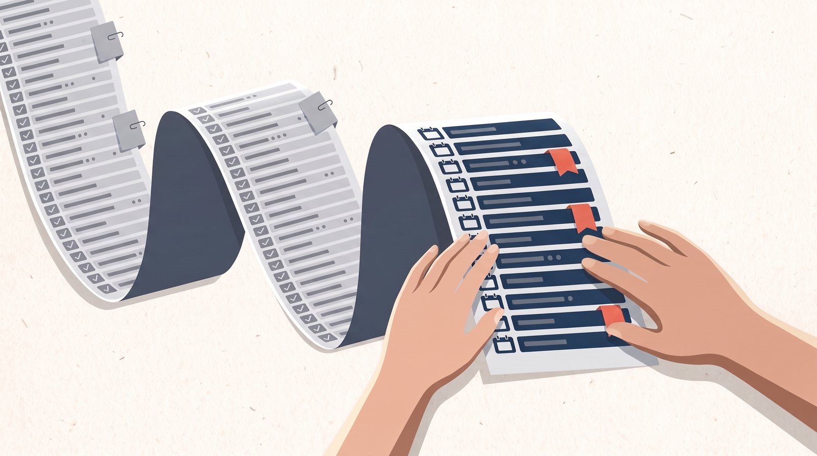 A long printed ledger of gray alert rows, each clipped to an evidence card, flows into a short blue list with calendar tabs and three orange markers, where two people's hands rest together