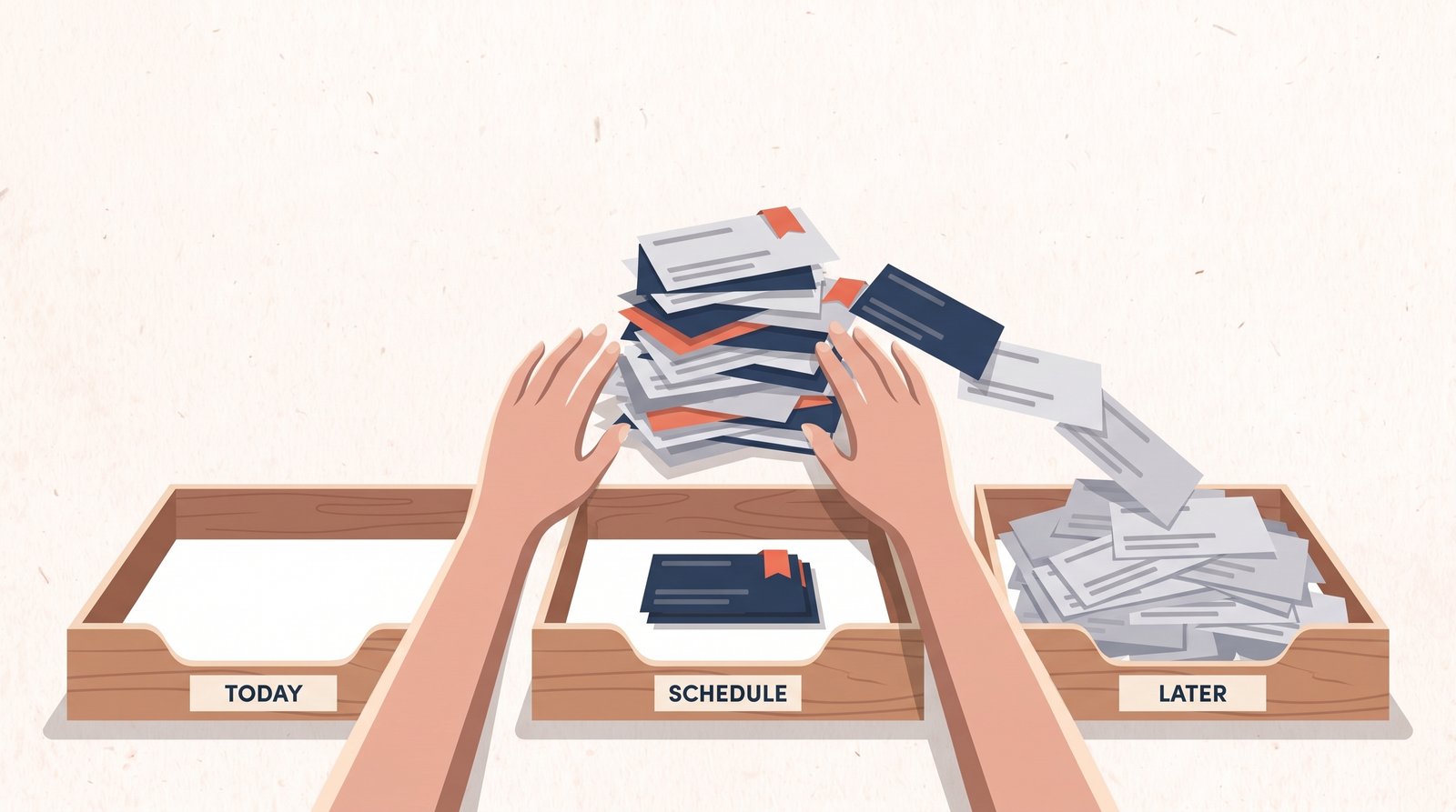 Illustration of two hands sorting a pile of alert cards into three desk trays labeled Today, Schedule, and Later. The Today tray is empty, Schedule holds a small stack, and Later is heaped full.