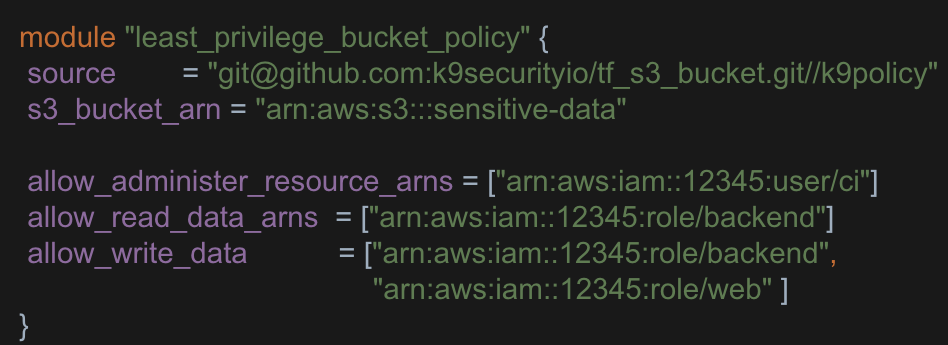 k9-security.example-k9policy-s3-bucket Example: Declare secure bucket policy with k9 Terraform library for AWSS3