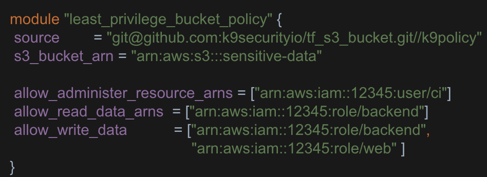 Example: Declare secure bucket policy with k9 Terraform library for AWSS3