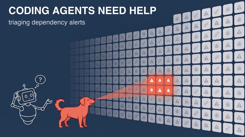 Illustration: a puzzled robot scratches its head before a huge wall of gray dependency alert tiles while an orange dog spotlights the six alerts that matter. Title: Coding agents need help triaging dependency alerts.