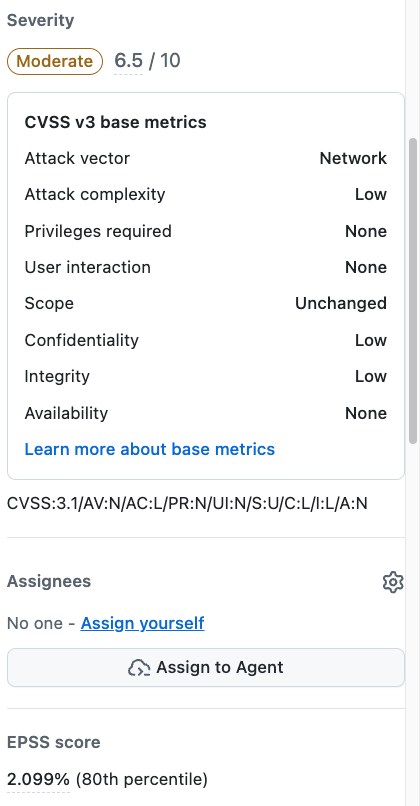 Dependabot alert #61 sidebar: Severity Moderate, 6.5 out of 10, CVSS v3 base metrics, and an EPSS score of 2.099% at the 80th percentile