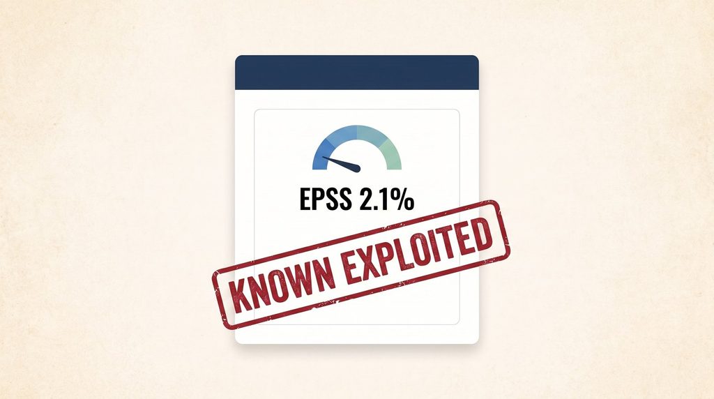 A vulnerability scanner alert card showing a gauge needle at the low end labeled EPSS 2.1%, with a red rubber stamp reading KNOWN EXPLOITED across it
